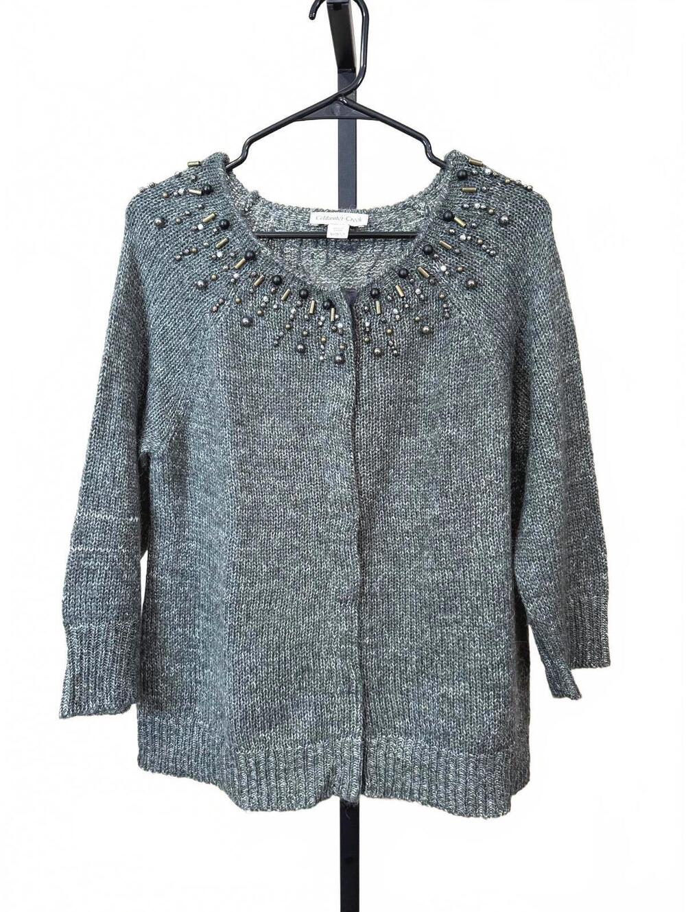 Coldwater Creek Medium 8/10 Gray Embellished Knit Cardigan Sweater Mohair Blend
